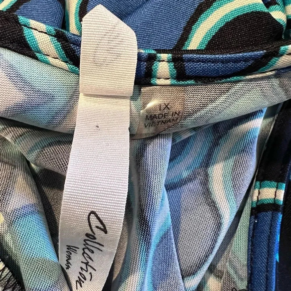 NY Collection Plus Size 1X Blue Green Shift Dress 3/4 Sleeves Stretchy Casual - Picture 7 of 7